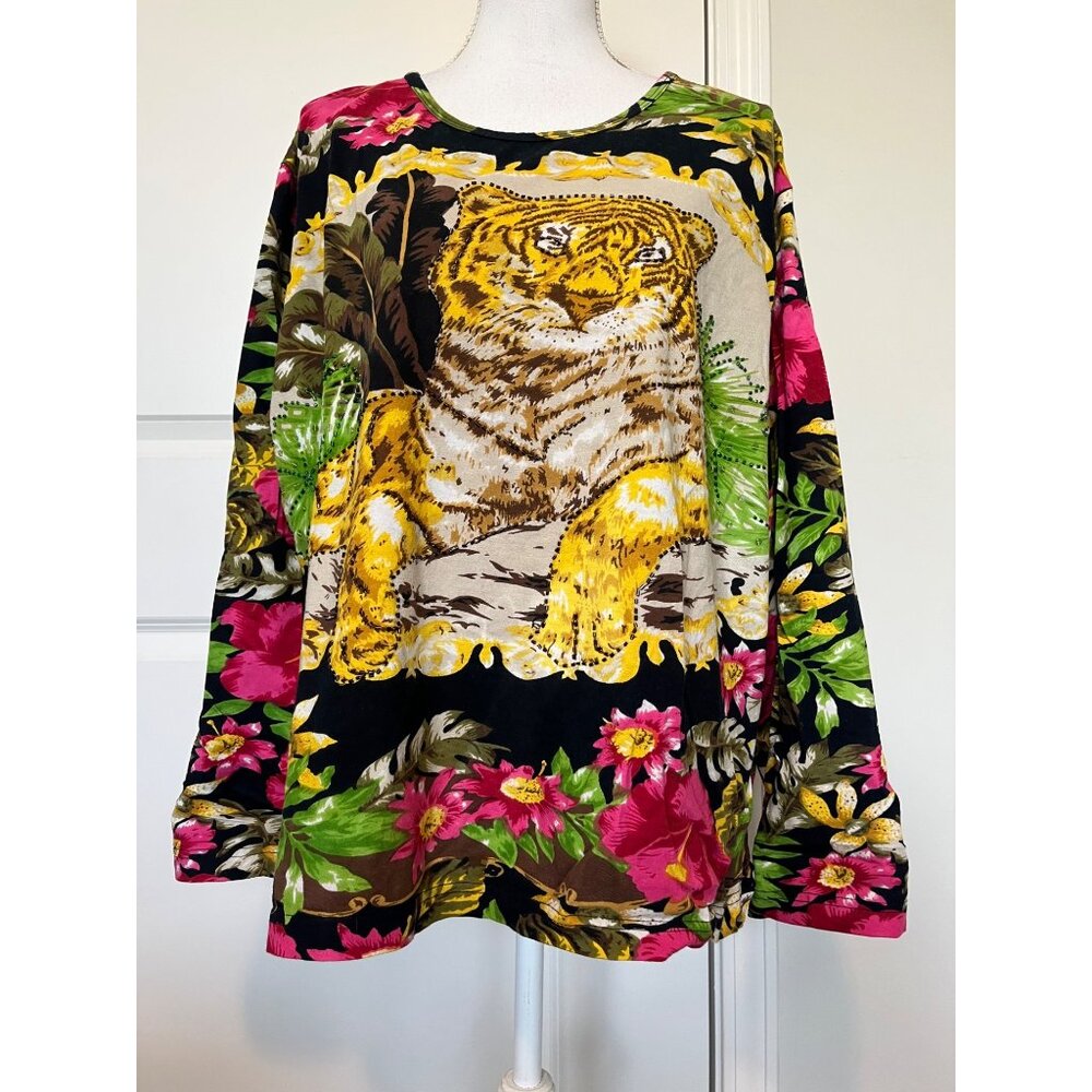 Vtg Haband Tiger Floral Long Sleeve Top Size 3X 26/28 100% Cotton Beaded Jungle